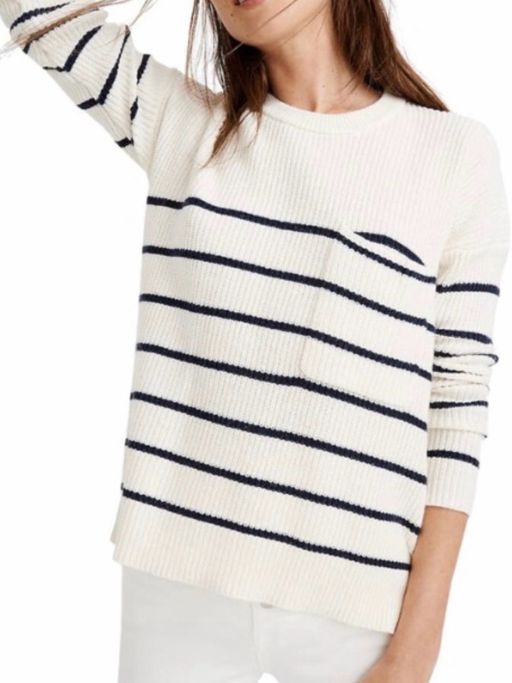 Madewell Thompson Nautical Stripe Pocket Pullover Sweater Cream and Navy Small